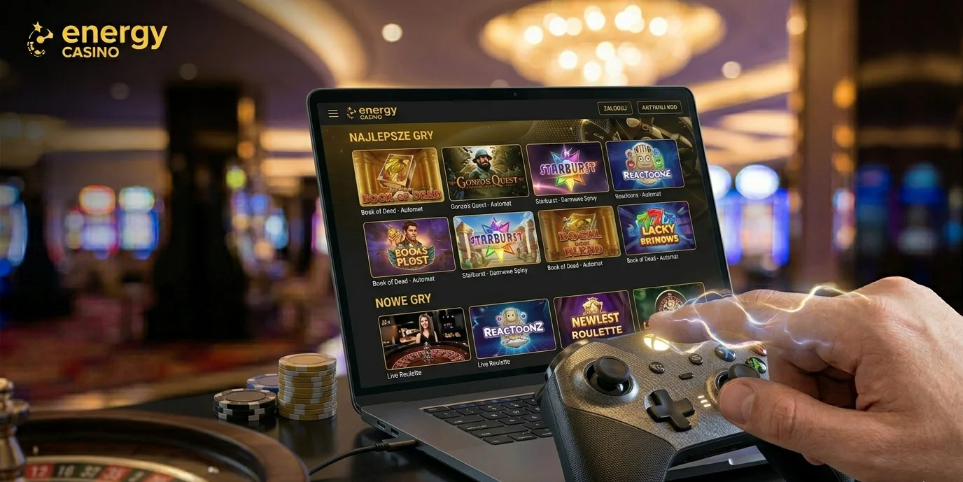 Biblioteka slotów Energy Casino na laptopie z popularnymi grami